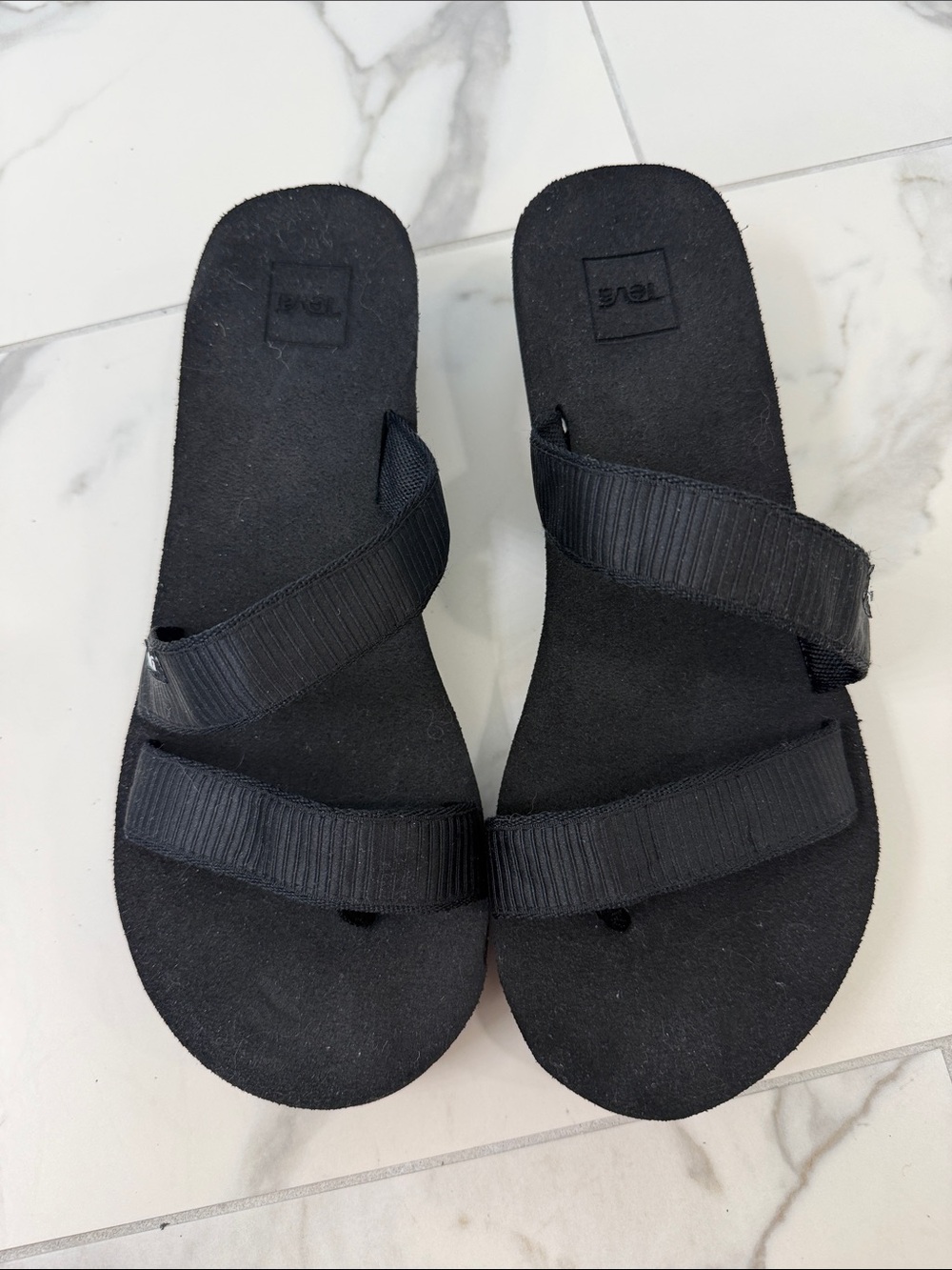 Teva Women’s Black Wedge Slide Sandals with Webbing Straps